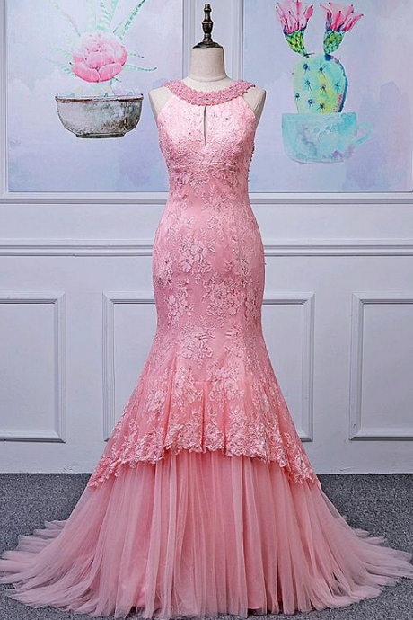 Alluring Tulle Jewel Neckline Mermaid Evening Dresses With Lace Appliques & Beadings