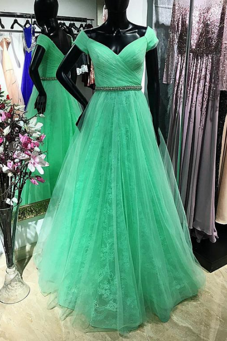 Exquisite Tulle Off-the-shoulder Neckline Floor-length A-line Prom Dresses With Beadings