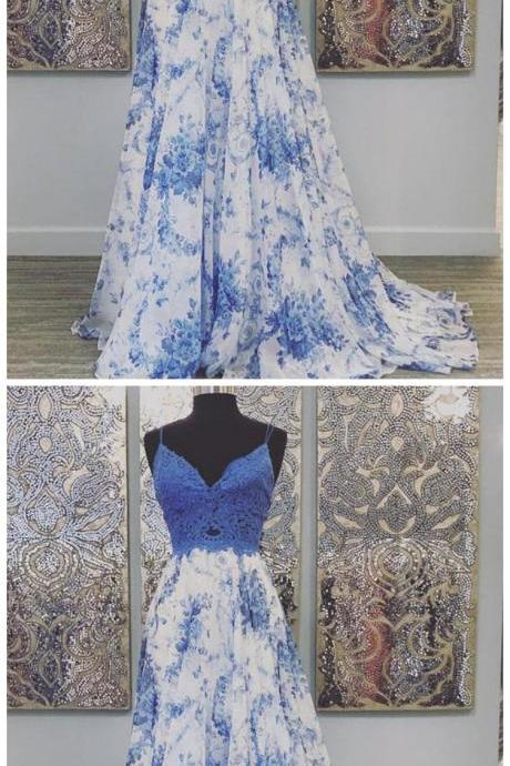 Blue Lace Long Prom Gown Party Dress
