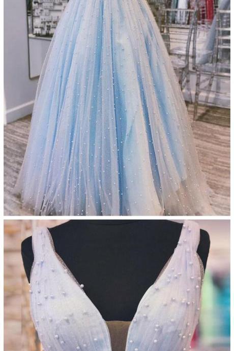 Light Blue Tulle Prom Dresses Long Prom Gown
