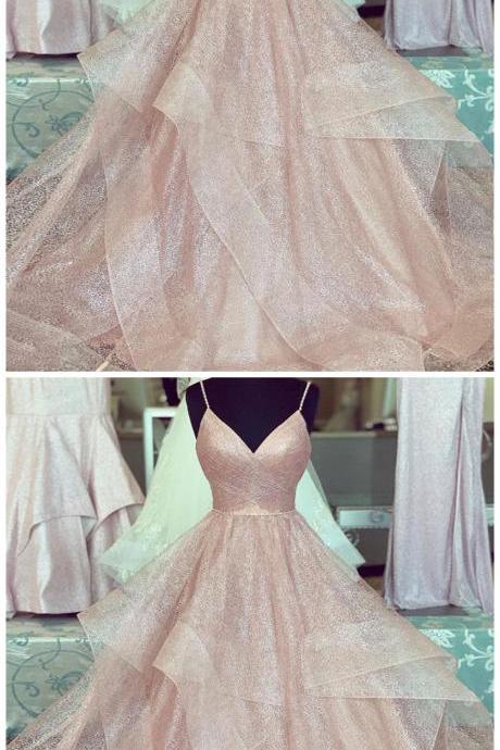 Pink V Neck Sequins Long Prom Gown