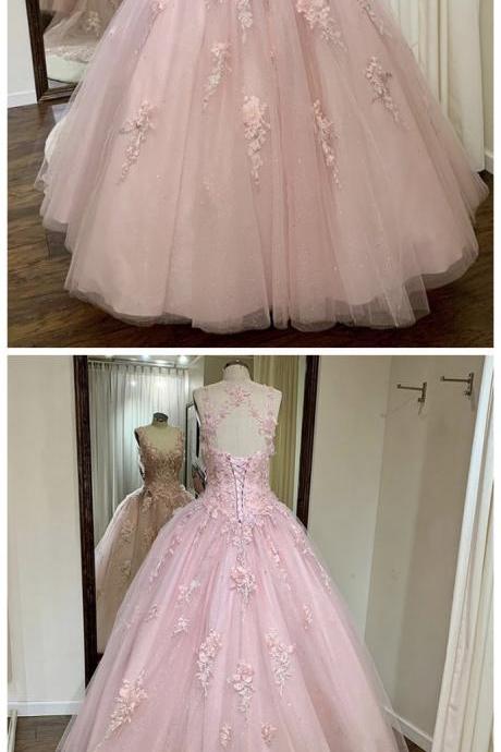 Pink Tulle Lace Prom Gown Sweet 16 Dress