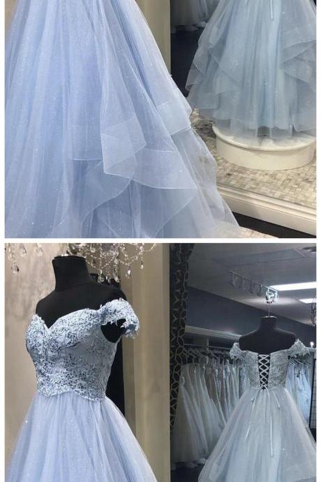 Light Blue Tulle Lace Long Prom Dress Evening Dress