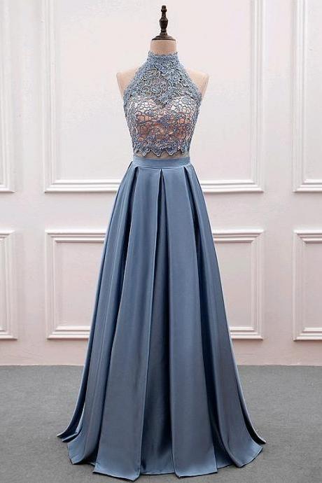 Glamorous Lace & Satin High Collar Cut-out Back A-line Prom Dress With Beadings