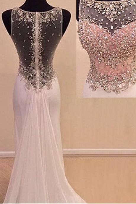 Elegant Chiffon & Tulle Bateau Neckline Mermaid Prom Dresses With Beaded & Rhinestones