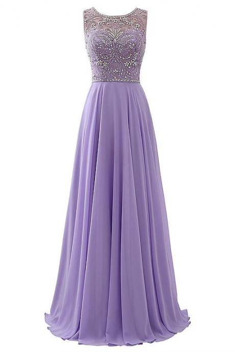 Exquisite Chiffon Scoop Neckline A-line Prom Dresses With Beadings