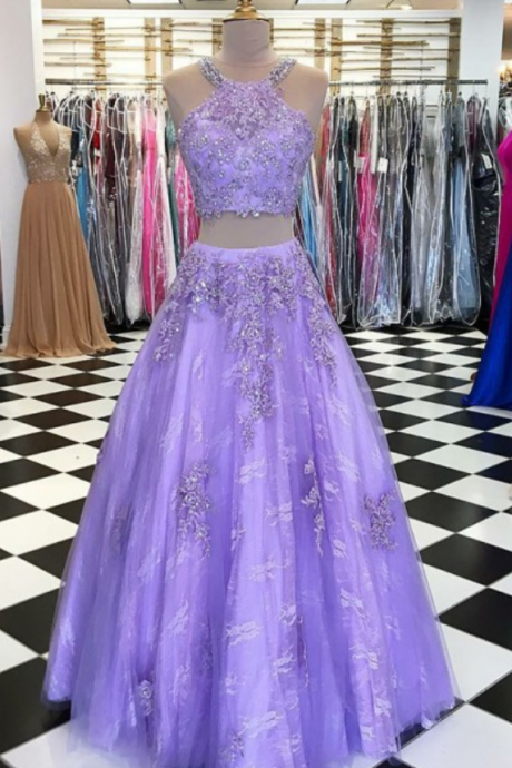 Exquisite Scoop Two Pieces Lavender Lace Prom Dress With Appliques Beading,