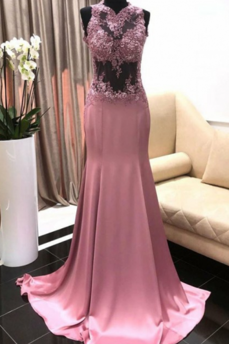 Modest Mermaid Sweep Train High Neck Sleeveless Purple Prom Dress With Appliques,