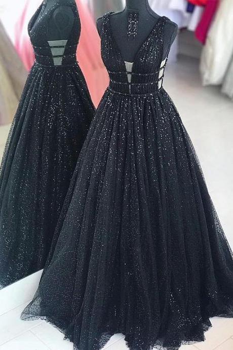 Stunning Sequin Tulle V-neck Neckline A-line Prom Dresses With Beadings