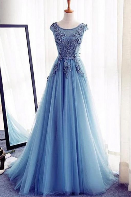 Absorbing Tulle Jewel Neckline A-line Prom Dresses With Lace Appliques & Beaded 3d Flowers