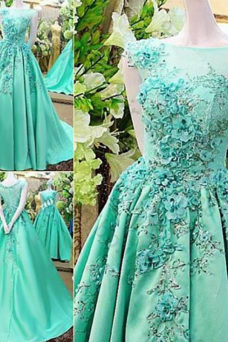 Junoesque Tulle & Satin Bateau Neckline Ball Gown Prom Dresses With Lace Appliques & 3d Flowers & Beadings