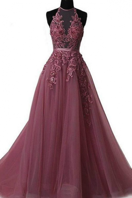 Glamorous Tulle Jewel Neckline Floor-length A-line Prom Dresses With Beaded Lace Appliques & Belt