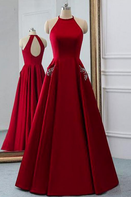 Brilliant Satin Jewel Neckline Floor-length A-line Prom Dresses With Beadings & Pockets