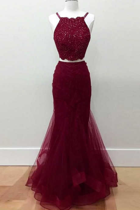 Beautiful Tulle Halter Neckline Mermaid Prom Dresses With Lace Appliques & Beadings