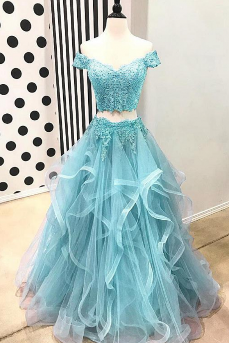 Dazzling Tulle Off-the-shoulder Neckline Two-piece A-line Prom Dresses With Beaded Lace Appliques