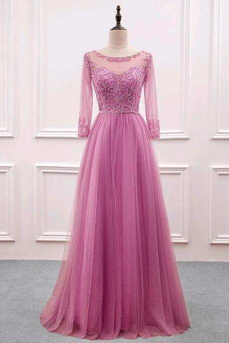  Fabulous Tulle & Satin Jewel Neckline Illusion Sleeves A-line Evening Dress with Beaded Embroidery 