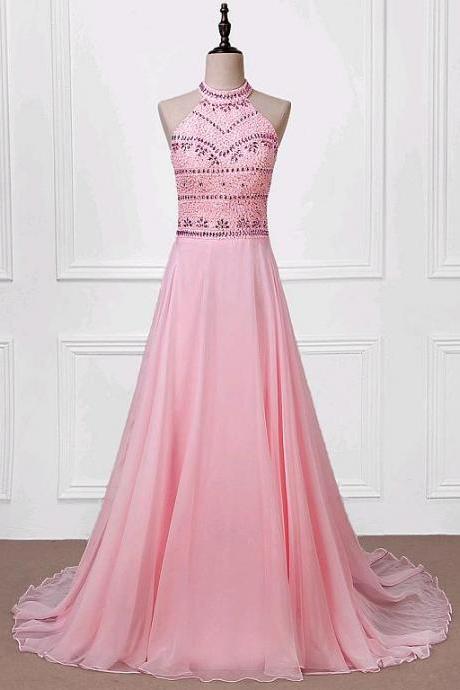 Pretty Tulle & Silk-like Chiffon Halter Neckline A-line Prom Dresses With Beadings