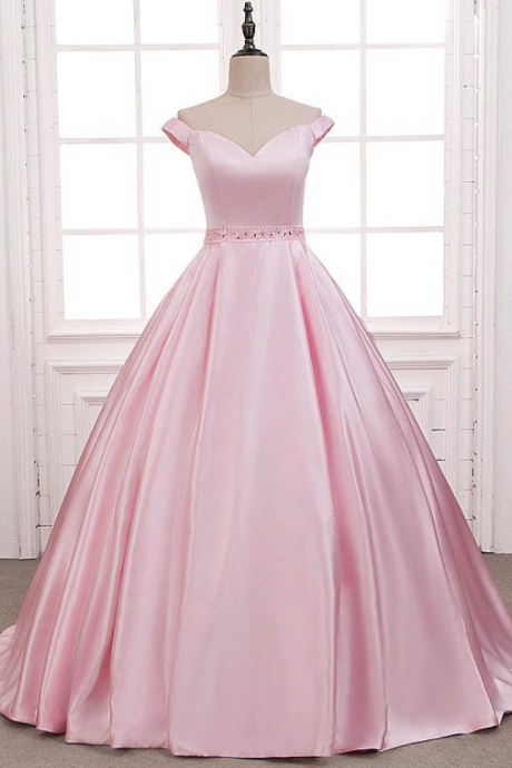 Wonderful Satin Off-the-shoulder Neckline A-line Prom Dresses With Beadings & Pockets