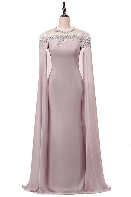 Modest Chiffon & Lace Jewel Neckline Sheath/column Evening Dress With Beaded Lace Appliques