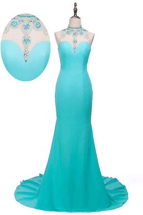 Glamorous Tulle & Chiffon Illusion High Collar Mermaid Evening Dresses With Beadings