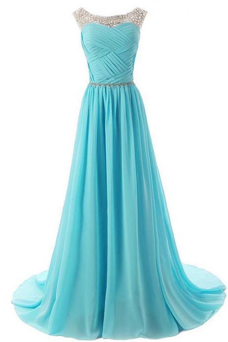 Elegant Chiffon & Tulle Bateau Neckline A-line Prom Dresses With Beadings & Rhinestones