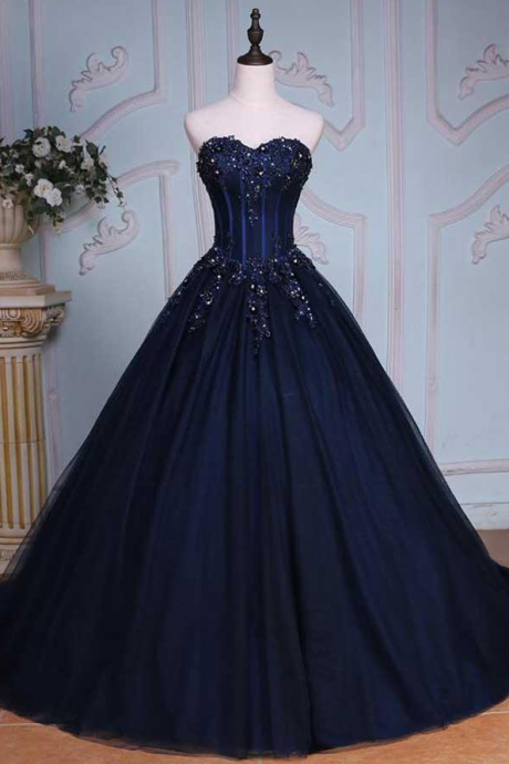 A-line Sweetheart Navy Blue Ball Gown Court Train Navy Blue Long Prom Dress,evening Dress, Lace Prom Dress