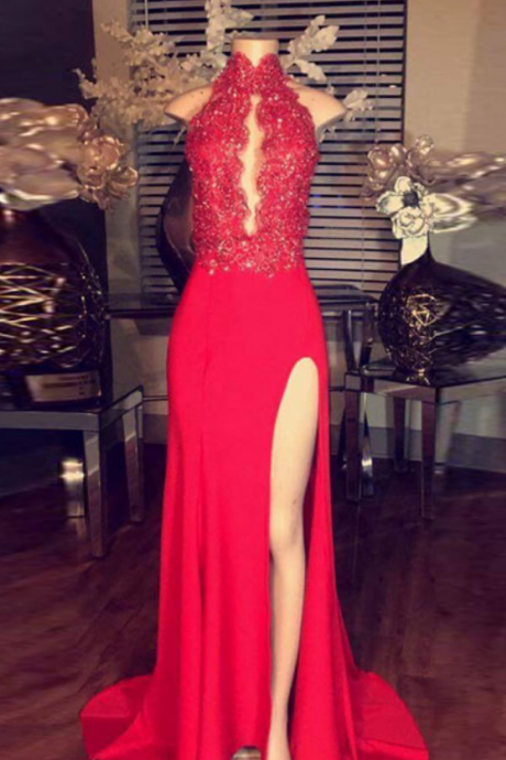 Unique Red Hight Neck Lace Long Prom Dress, Red Evening Dress For Teens,party Dress,evening Dresses