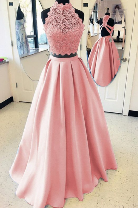Elegant A-line High Neck Open Back Satin Prom Dresses, Two Piece Evening Gowns, Party Dress,evening Dresses