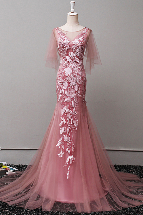 Simple Pink Lace Prom Dress,elegant Evening Dress,simple Prom Dresses,elegant Prom Gown