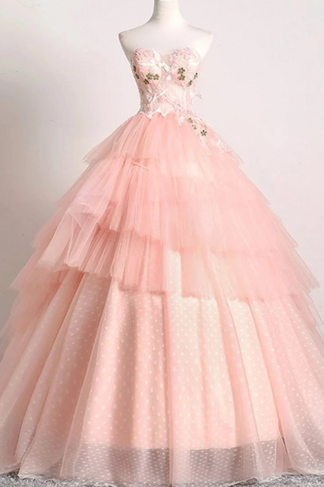 Ball Gown Pink 3d Lace Multi-layered Prom Dresses Tulle Quinceanera Dresses