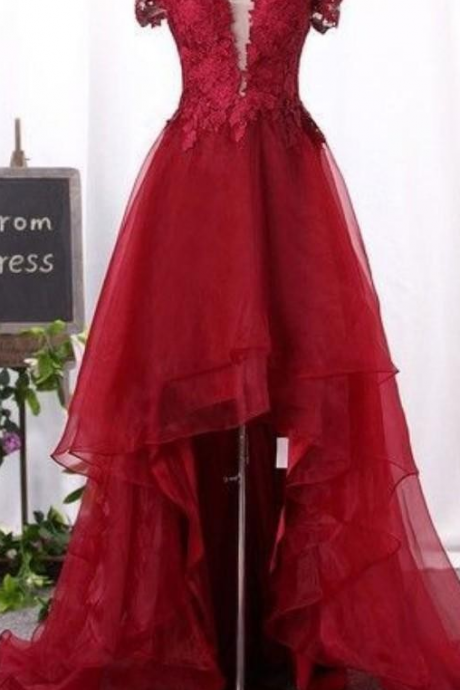 Burgundy High Low Prom Dresses,cocktail Party Dresses, Lace Organza Off Shoulder Sleeves Short Prom Dress, Burgundy Homecoming Party Evening