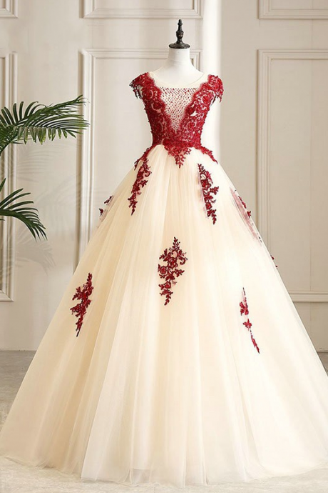 Burgundy Lace Embroidery Ball Gown Prom Dresses, Empire Waist Beads Cap Sleeve Square Vestidos De Quinceanera Dress