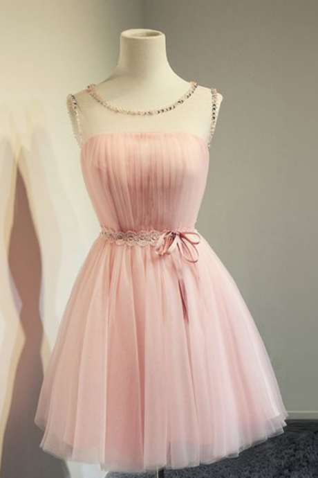 Pink Tulle Homecoming Dress,cute Evening Dresses , Flower Waist Prom Dresses,sheer Straps Homecoming Dresses
