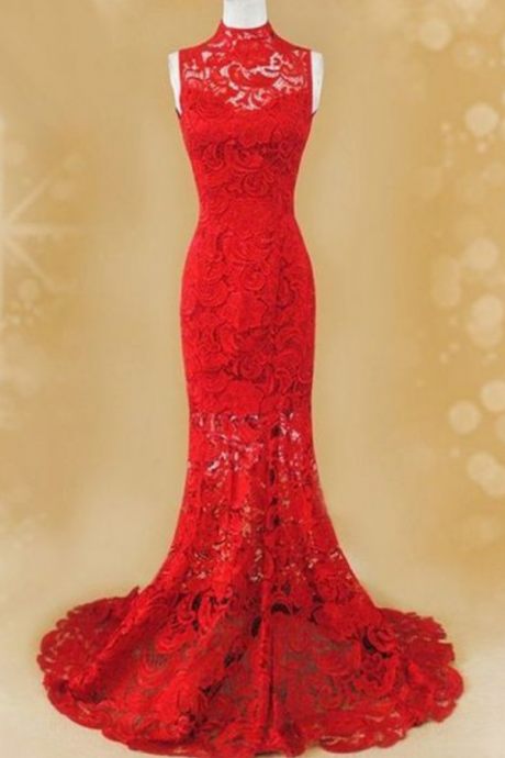 Charming Red Prom Dress,Elegant Evening Dress,Lace Evening Dress,Mermaid Evening Gown,Formal Evening Dresses