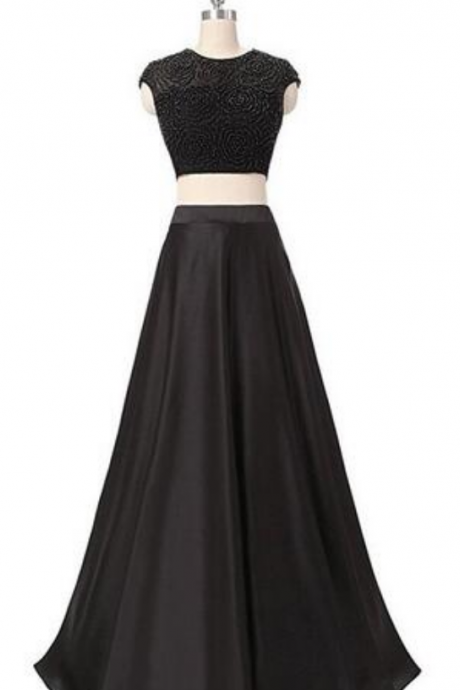 Black Two-piece Beaded Prom Dress, Satin Long Evening Dress,elegant Prom Dress,ball Gown Dress, Formal Evening Dress,sexy Prom Dress, Formal