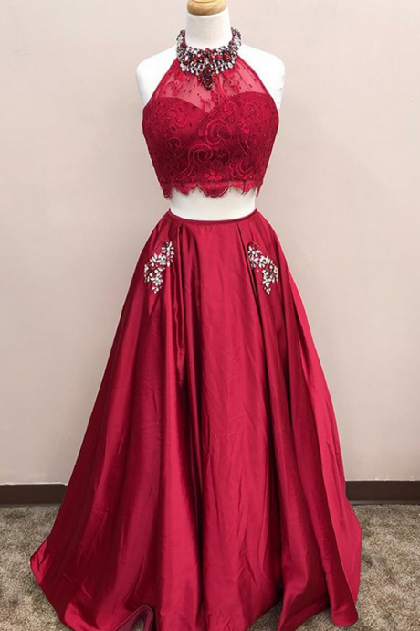 Burgundy Lace Top Two Pieces Prom Dresses,floor Length A-line Beading Homecoming Dress,evening Dresses