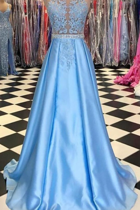 Sexy Sleeveless A Line Blue Prom Dresses For Junior, Long Evening Dress, Elegant Homecoming Dress