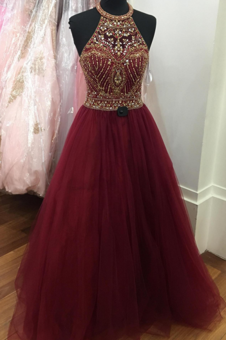 Gorgeous Beaded Burgundy Prom Dress, Tulle Halter Pageant Gown, Formal Gown,evening Dress,long Evening Gowns