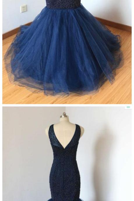 Beaded Mermaid V-Back Navy Blue Tulle Long Prom Dress