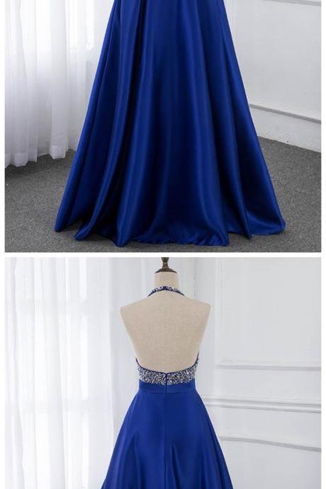 Stylish Dress Royal Blue Long Backless Prom Dresses Halter Crystals Beaded Satin Formal Party Dress