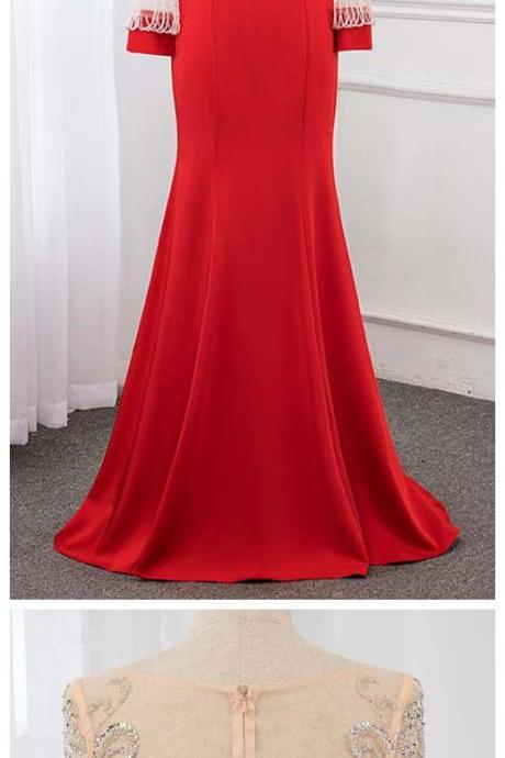 Stylish Dress Red Long Sleeve Beading Evening Dress Crystals Evening Gown Dresses Mermaid