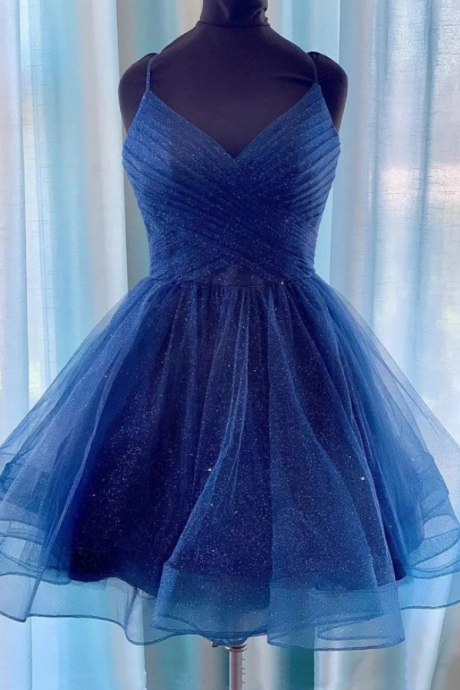 Stylish Dress Sparkly Navy Blue Homecoming Dress, V-neck Short Prom Dress 