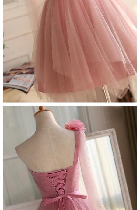 Stylish Dress One Shoulder Pink Tulle Bridesmaid Dress,prom Dress