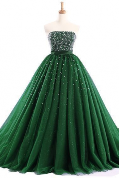 Stylish Dress Green Tulle Strapless A-line Long Prom Dresses