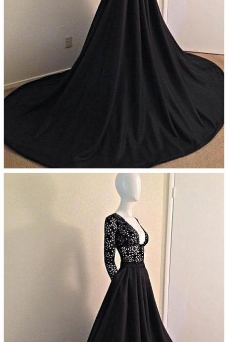 Stylish Dress Black Lace Plunge V Long Sleeves Floor Length Formal Gown, Prom Dress