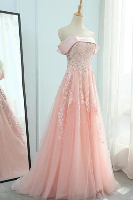 Stylish Dress Pink Off Shoulder Satin And Tulle Floor Length Party Dress, Beautiful Formal Gowns