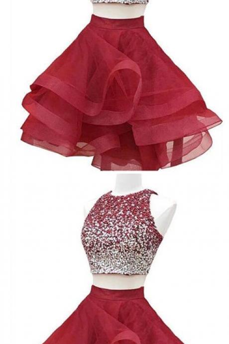 Stylish Dress Crystal Beading Tulle Short Homecoming Dress, Red Two Piece Prom Dresses