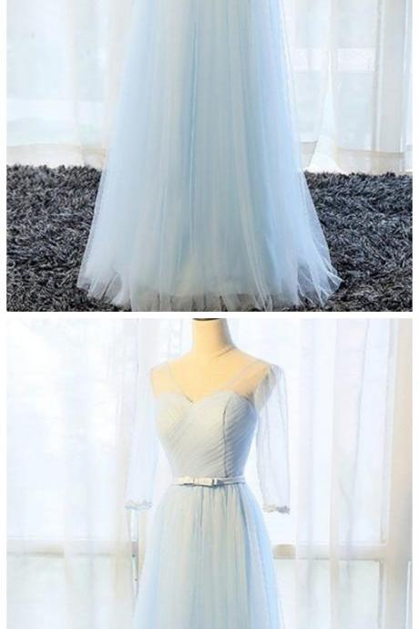 Stylish Dress Simple Pure Blue V Neck Long Senior Prom Dress With Mid Sleeves