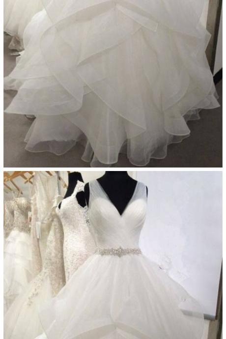 Stylish Dress Fashion V neck Tiered Tulle Ball Gown Wedding Dresses
