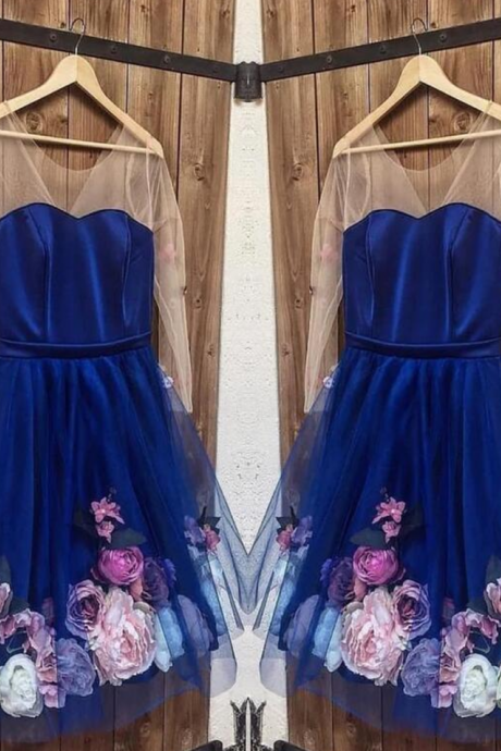 Stylish Dress Elegant Tulle Navy Blue Short Homecoming Dress With Flowers, Formal Graduation Dress